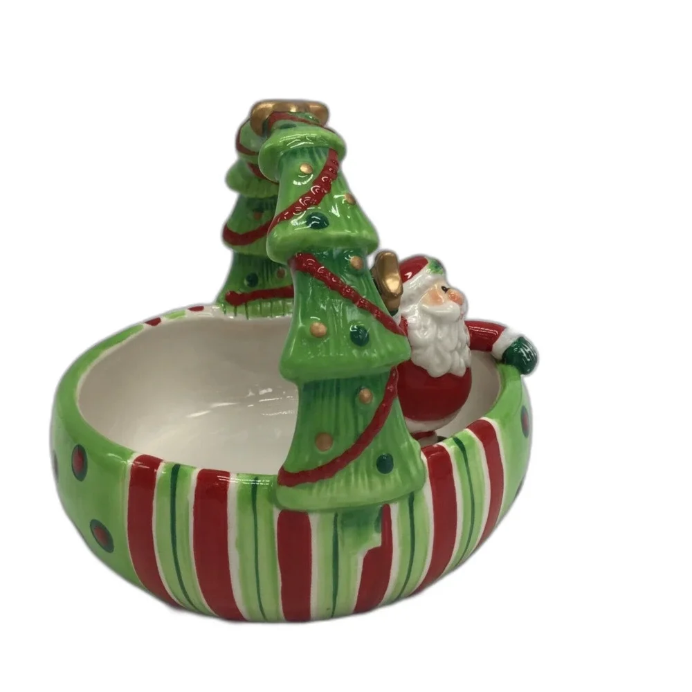 Fitz Floyd Ceramic Santa Bowl Candy Dish With Box Green Stripe Christmas